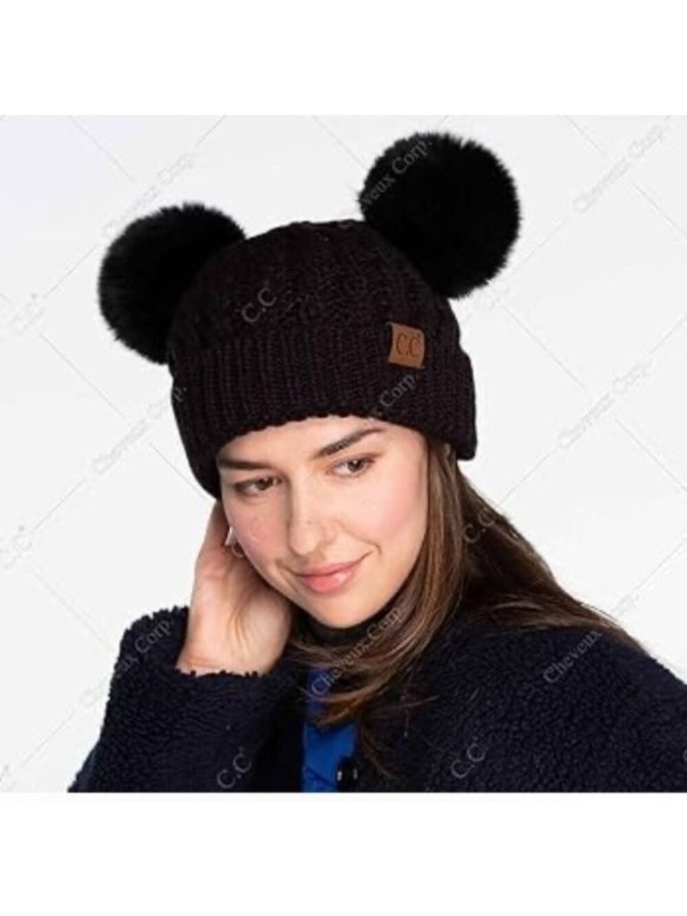 C.C Exclusives Black Knit Beanie With Pom Poms